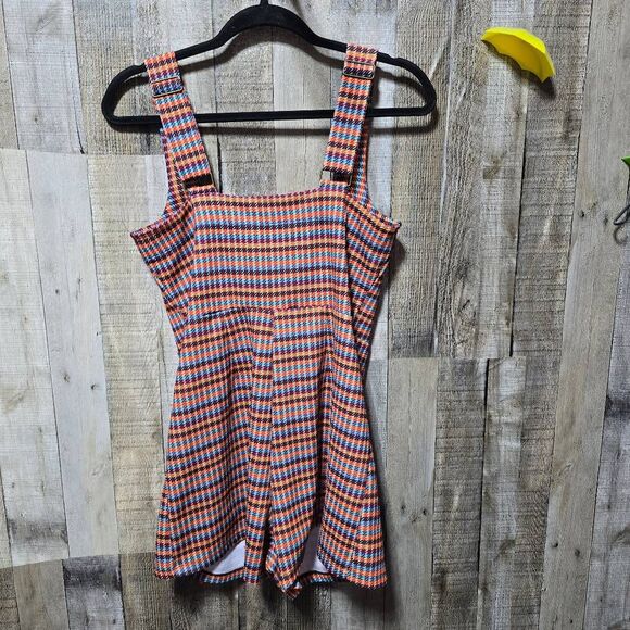 Fishbowl Tangerine Blue Houndstooth Double Button Romper Mini Dress Jumper - Picture 4 of 6